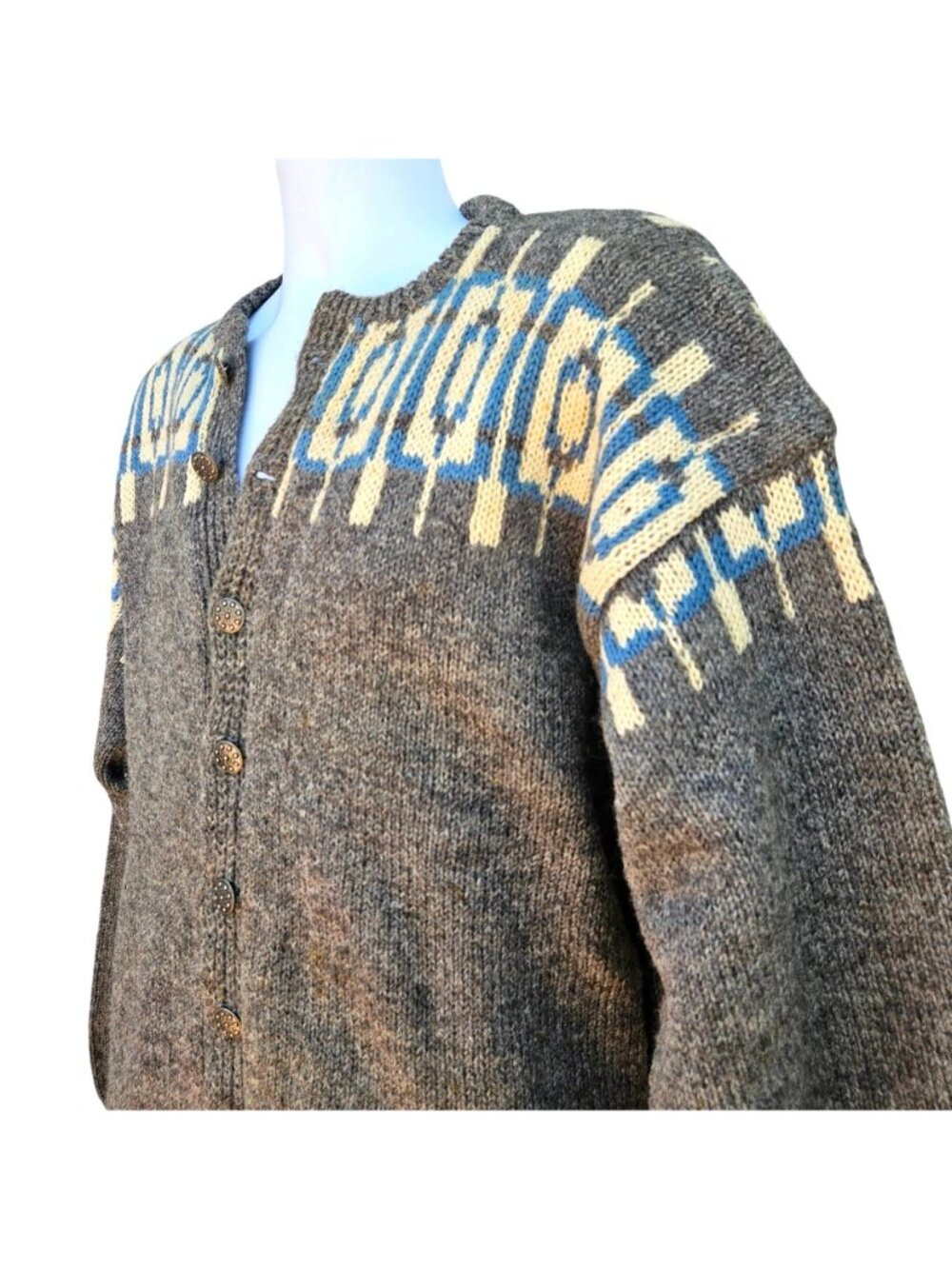 Vintage Hand Knit Nordic Wool Cardigan Gray Geometric Unisex XL - Picture 4 of 15